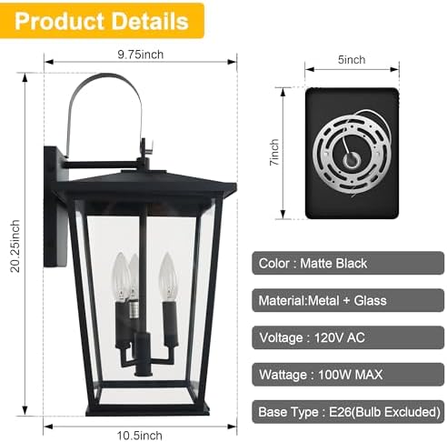 Kalium Modern Outdoor Wall Sconce Fixture 20 1/2", Matte Black, 3-Light Exterior Wall Mount Lighting with Clear Glass Panels for House Porch Patio Outside Deck Garage Yard Front Door Garden Home - Image 5