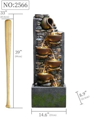 39" Outdoor Garden Water Fountain with Lights, 5 Tiers Water Feature - Image 3