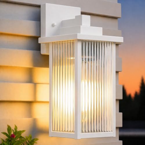 15" White Outdoor Wall Light, All-Metal Frame Porch Light by hameso
