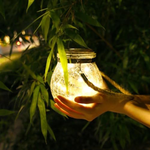 Solar Hanging Mason Jar Lights - Cracked Glass 30 LED Fairy Firefly Lantern String Lights, Outdoor Waterproof Patio Porch Garden Yard Balcony Lawn Wall Lighting Decor - Image 5