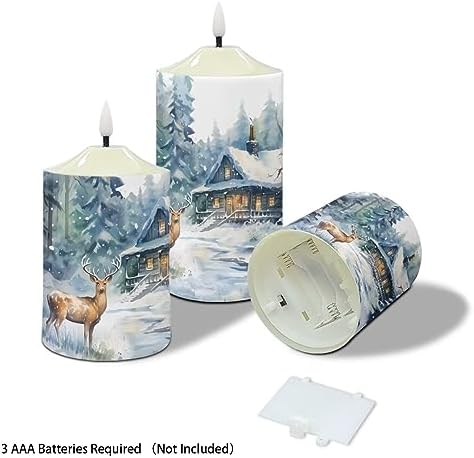 Cozeyat Christmas Decor Flameless Electric Candles with Remote, Christmas Cottage Elk Snowscape Design Ivory Pillar Battery Operated Candles with Dancing LED Flame,Warm Yellow Tea Lights Set of 3 - Image 3