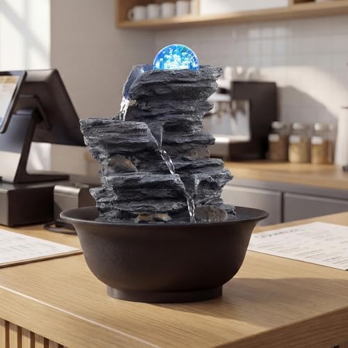 Giantex Tabletop Water Fountain with Rotating Crystal Ball & LED Lights, Tiered Rock Waterfall with Pump, Zen Meditation Desktop Decor for Office, Home Relaxation (Offset Stream) - Image 2