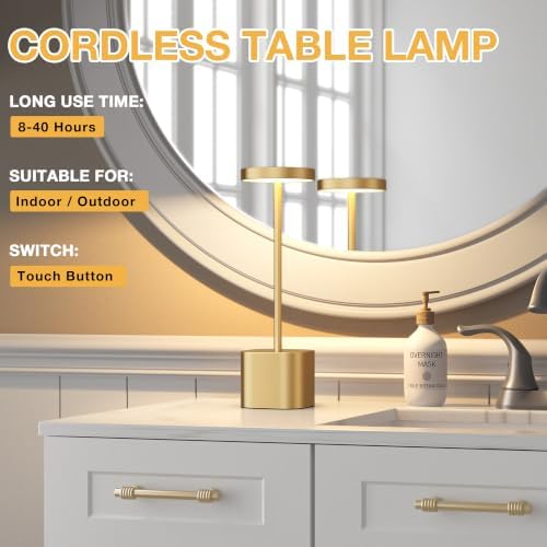 Cordless Rechargeable Table Lamp, 4000mAh Battery Operated, Light Gold, 2 - Image 2