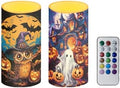 Pack of 2 Halloween Flameless Candles with Remote Battery Operated Candles with Timer Flickering LED Elictric Pillar Lights for Party Home Decor, Bat Owl Ghost Print by Merkmak