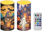 Pack of 2 Halloween Flameless Candles with Remote Battery Operated Candles with Timer Flickering LED Elictric Pillar Lights for Party Home Decor, Bat Owl Ghost Print by Merkmak