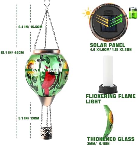 Hot Air Balloon Solar Lantern - Cardinal Bird Glass Lantern, Simulated Flickering & Dancing Flame, Outdoor Hanging Yard Light Waterproof IP65 for Patio Lawn Porch Decor Gift - Image 4