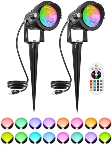 Christmas RGBW Outdoor Spotlights for Yard, 10W Color Changing Landscape Lights with Remote Control 120V LED Landscape Lighting Waterproof Spotlight with Plug Tree Garden Path Decoration(2Pack) by DOREIO
