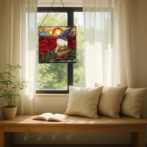 Gnome with Poppy Field Stained Glass Suncatcher – Square Hanging Window Panel for Home or Greenhouse – Whimsical Glass Art Gift for Garden Lovers, Christmas, Halloween, Father Days hLqq7K - Image 7