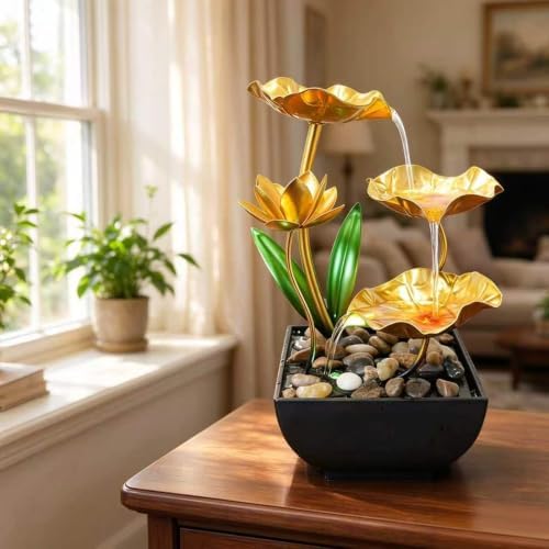 11'' H Gold Tabletop Water Fountain, Zen Desktop Waterfall, with LED Light,Indoor Lotus Desktop Decorative Fountain, Home Bathroom Bedroom Decor. by QINGYINGGE