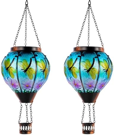2 Pack Dragonfly Hot Air Balloon Solar Lantern Outdoor Waterproof, Glass Balloon Lanterns for Outside, Decorative Hanging Solar Lights Patio Garden Yard Gift for Women Moms by DREAMSKIP