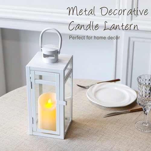TRIROCKS Decorative Candle Lantern 12'' High Metal Candle Holder with Tempered Glass Perfect for Home Decor Living Room Parties Events Tabletop Indoor Outdoor (White) - Image 4