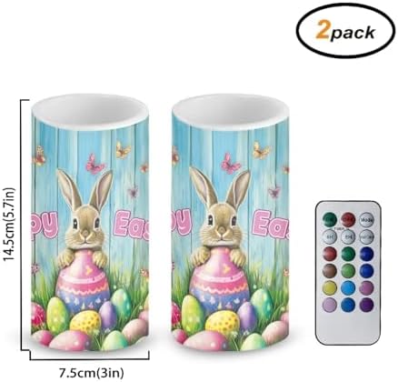 Flameless LED Candles with Remote Battery Operated Candles with Timer 2 Pack Outdoor Lanterns for Porch Pillar Lights for Home Decor, Happy Easter Rabbit Egg Print - Image 2