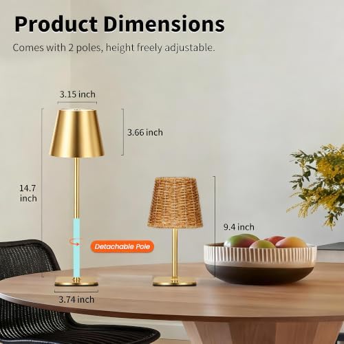 Mr.White Outdoor Waterproof Rechargeable Cordless Table Lamp with Wicker Shade, Battery Operated Table Light with Touch Control, for Patio Restaurant Kitchen (Gold 2 Pack) - Image 7