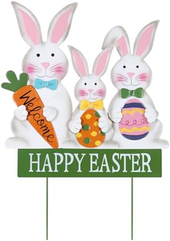 YEAHOME 3 Metal Bunny Decorative Garden Stakes for Easter Decor, Grey, Outdoor Decoration, Cottage Style, Water Resistant, Happy Easter Yard Sign by YEAHOME