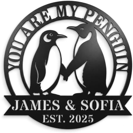 Personalized Penguin Metal Sign，Personalized Valentines Day Gifts，Custom Name Wall Fence Yard Patio, Home Office Decor， Metal Wall Art Decor,Home Metal Signs Plaques,Outdoor wall Decorative Signage12 by HZDSMSIGN