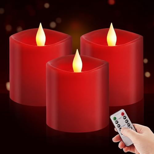 3x3 Flameless Candles with Remote Set of 3, 3 inch Battery Candles Flickering with Timer, LED Pillar Candle for Suitable for Suitable for home, wedding decoration, holiday party - Red by GenwelledLifePlus