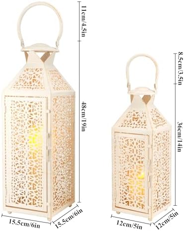 JHY DESIGN Set of 2 Decorative Candle Lanterns 19"&14" H, Vintage White Gold Metal Lantern with Hollow Pattern, Indoor Outdoor Lantern Candle Holders for Porch, Patio, Wedding, Table Centerpiece - Image 3