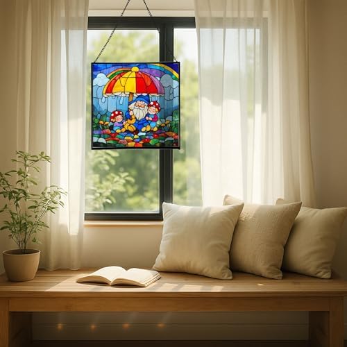 Gnome with Umbrella Stained Glass Suncatcher – Square Hanging Window Panel for Home, Garden, Nursery, Halloween, Christmas, Memorial Day – Whimsical Glass Art Gift for Gnome Lovers ovpj1u - Image 7