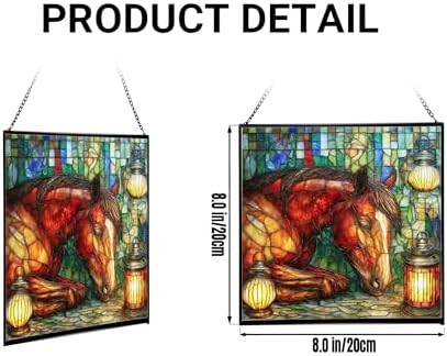Bay Miniature Horse Curled Near Garden Lanterns Square Suncatcher – Stained Glass Style Window Panel with Pastoral Scene, Custom Decorative Hanging Art for Equestrian Home, Christmas w0YTNv - Image 2