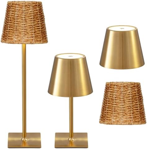 Mr.White Outdoor Waterproof Rechargeable Cordless Table Lamp with Wicker Shade, Battery Operated Table Light with Touch Control, for Patio Restaurant Kitchen (Gold 2 Pack) by Unknown