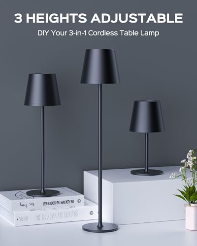 JACKYLED Cordless Table Lamps Rechargeable, 3 Adjustable Height, 5000 Capacity Operated, 3 Colors Smooth Dimming, Portable LED Waterproof Table Lamp for Dining, Bedroom, Outdoor- Black - Image 3