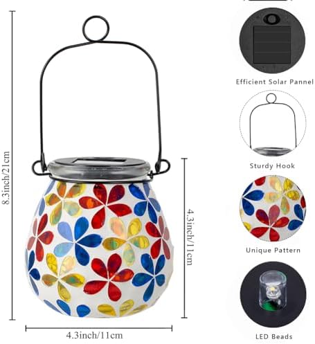 Stargarden 4Pack Mosaic Solar Lanterns, Flower Glass Hanging Lantern - Image 5