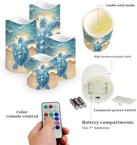 Sea Turtle Candle with Remote Control Electric LED Pillar Candle Timer Color Changing Long Lasting 4 Pcs Battery Candles - Image 3