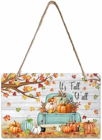 Fall Welcome Wall Hanging Sign- Maple Leaf Pumpkin Truck Wood Plank Slate Hanging Plaques for Front Door Porch Window Farmhouse Garden 5.1" x 7.9" Wall Home Decor by EwdeWwo