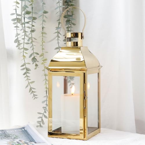 JHY DESIGN 15" H Stainless Steel Decorative Candle Lanterns with Tempered Glass Vintage Elegance for Indoor Outdoor Events Parties and Weddings(Gold) by JHYDESIGN