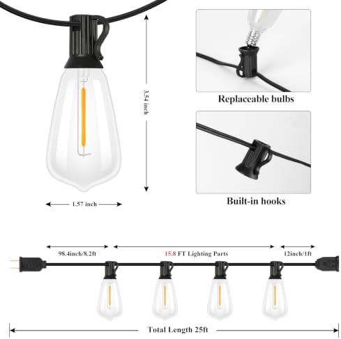 Brightever 25FT Outdoor String Lights 13 Bulbs, 2200K Amber Lights - Image 3