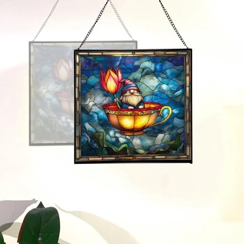 Gnome in Tulip Teacup Stained Glass Suncatcher – Square Hanging Window Panel for Home or Greenhouse – Whimsical Glass Art Gift for Garden Lovers, Christmas, Halloween, Father Days dXYmAm - Image 4