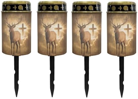 Poceacles Solar Candle Cemetery Solar Lights for Grave LED Garden Flameless Powered Pathway Lights Outdoor Waterproof with Dusk to Dawn Sensor, 4 PCS, Brown Deer Cross Pattern by Poceacles