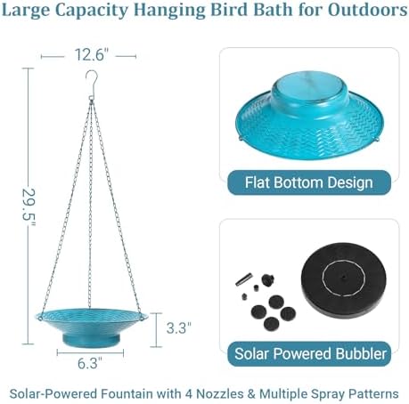 Hanging Bird Bath with Solar Fountain 29.5" H x 12.6" W Upgraded Metal Blue - Image 2