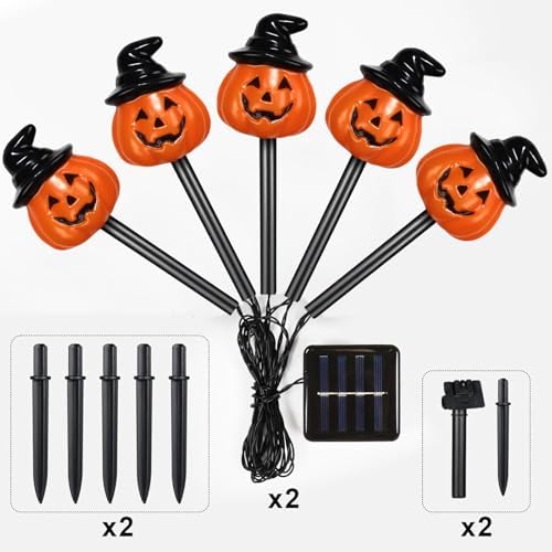 BRIGHTDECK Halloween Pumpkin Stake Lights, Set of 10 Solar Pumpkin Lights, Waterproof Halloween Decorations for Outdoor Garden and Yard (Hat Pumpkin) - Image 3