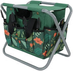 Folding Gardening Stool with Detachable Storage Tote Bag, Multifunctional Gardening Tools Set Organizer for Fishing and Camping,Portable Garden Chair Seat for Adults (Green Flower) by GeerDuo