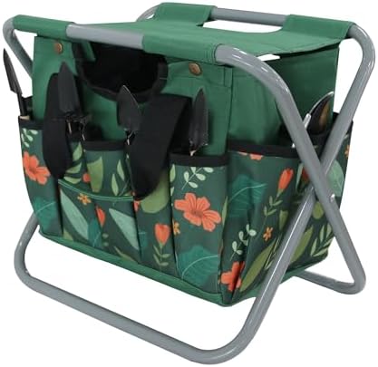 Folding Gardening Stool with Detachable Storage Tote Bag, Multifunctional Gardening Tools Set Organizer for Fishing and Camping,Portable Garden Chair Seat for Adults (Green Flower) by GeerDuo
