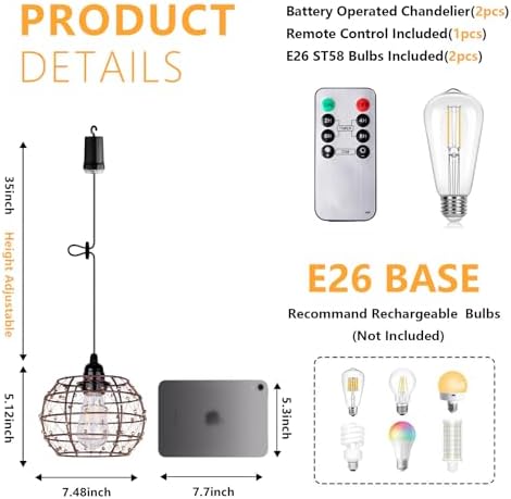 Battery Operated Outdoor Chandelier, 2Pack Gazebo Lights Waterproof, Beaded Copper Wire Drum Shape Hanging Pendant Lights with Remote for Gazebo, Pergola, Porch, Ceiling Indoor Outdoor Decor Lighting - Image 5