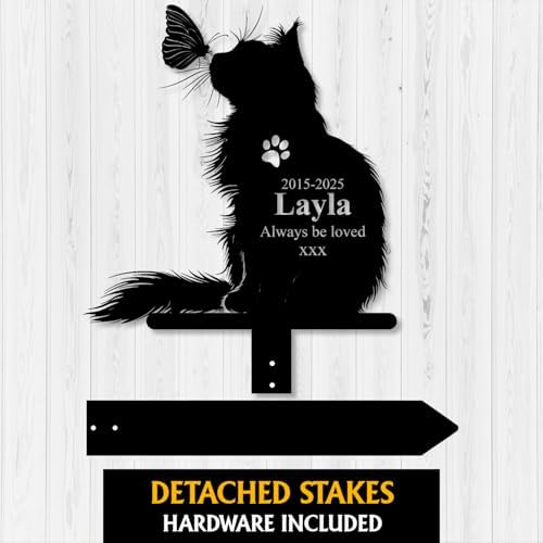 Custom Longhair Cat Memorial Stake, Always Be Loved Cat with Butterfly Grave Marker, Personalized Pet Loss Gift Metal Garden Plaque (Cat With Butterfly) - Image 3