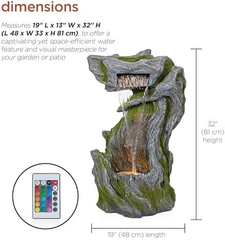 Alpine Corporation WIN1628 32" Outdoor Tree Bark Water Fountain with Color-Changing LED Lights, Cascading Waterfall Garden Fountain for Backyard, Patio & Outdoor Décor, Gray - Image 6