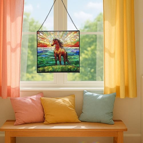 Bay Lusitano Horse Standing ATOP Hill at Sunset Square Suncatcher – Stained Glass Style Window Panel with Pastoral Scene, Custom Decorative Hanging Art for Equestrian Home, Christmas OoBNMO - Image 5