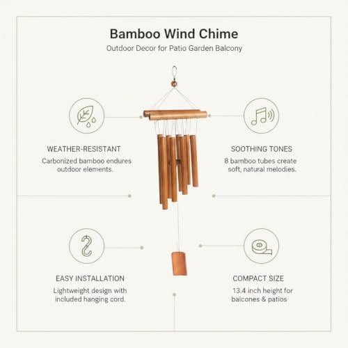 Carbonized Bamboo Wind Chime with 8 Tubes, Natural Wood Outdoor Decor for Garden, Patio, and Balcony - Image 5