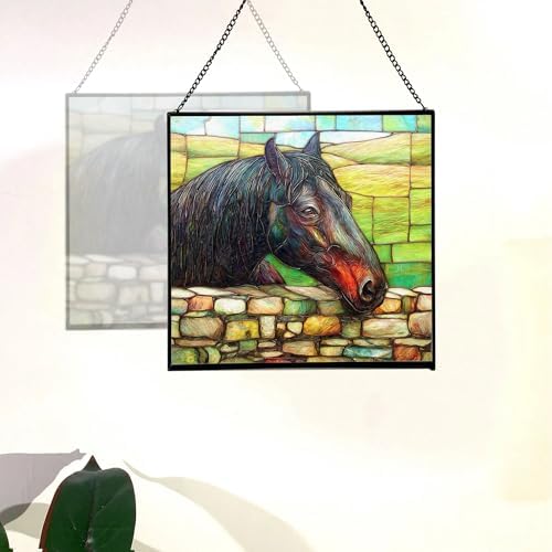 Black Morgan Horse Watching Over Stone Wall Square Suncatcher – Stained Glass Style Window Panel with Pastoral Scene, Custom Decorative Hanging Art for Equestrian Home, Christmas 9GkWE2 - Image 4