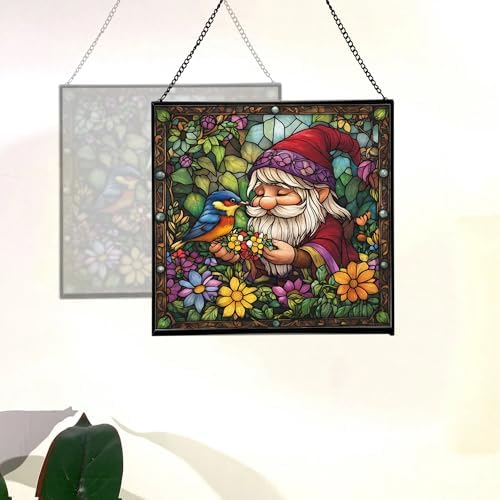 Gnome Making Flower Crowns Stained Glass Suncatcher – Square Hanging Window Panel for Home or Greenhouse – Whimsical Glass Art Gift for Garden Lovers, Christmas, Halloween, Father Days 4xTfjK - Image 4
