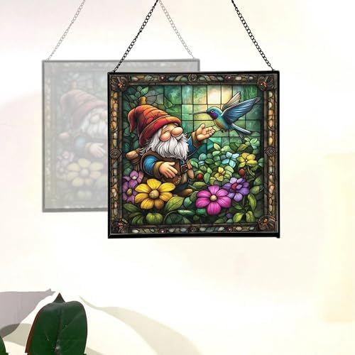Gnome and Hummingbird Stained Glass Suncatcher – Square Hanging Window Panel for Home or Greenhouse – Whimsical Glass Art Gift for Garden Lovers, Christmas, Halloween, Father Days 78NtZp - Image 4