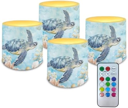 Sea Turtle Flameless Candles with Remote Battery Operated Candles with Timer Pack of 4 LED Pillar Tea Lights for Indoor Outdoor Coastal Theme Home Living Room Decorations by Merkmak