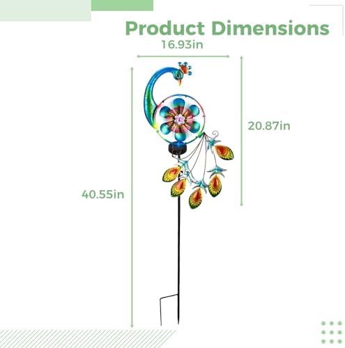 Solar Wind Spinner Peacock Windmill, Outdoor Kinetic Metal Art Sculpture with Jewel Accents, Decorative Peacock Stake Light for Garden, Lawn, Yard - Image 2