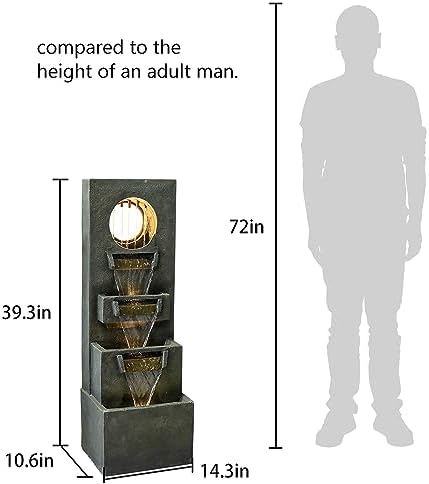 SunJet 39.3" Modern Cascading Indoor/Outdoor Fountains and Waterfalls with LED Lights - 4-Tier Larger Water Fountain for Garden, Patio, Yard, and Deck Decor - Relaxing Water Fountain Outdoor - Image 5