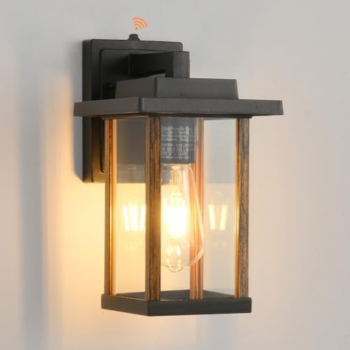 Dusk to Dawn Outdoor Wall Sconce in Wood Grain & Black, Clear Glass by SmeikeLighting