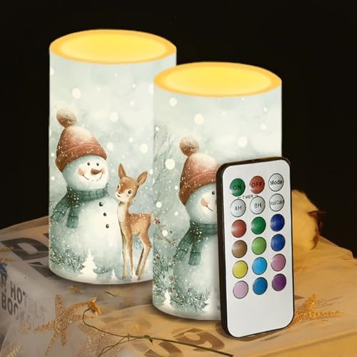 Flameless Candles Bulk Set of 2 Flickering Battery Operated Candles with Remote and Timers Christmas Snowman Deer Print Battery Tealights for New Year Party Decoration LED Pillar Lights - Image 5