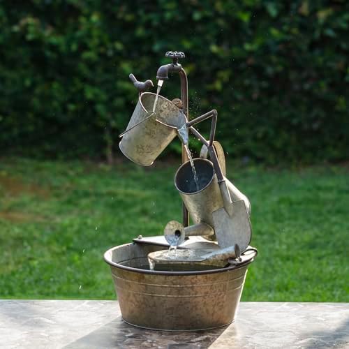 Alpine Corporation YHL106 Outdoor Floor 3-Tiered Metal Garden Tools Water Fountain, Tools and Faucet Waterfall, 28", Gray - Image 2